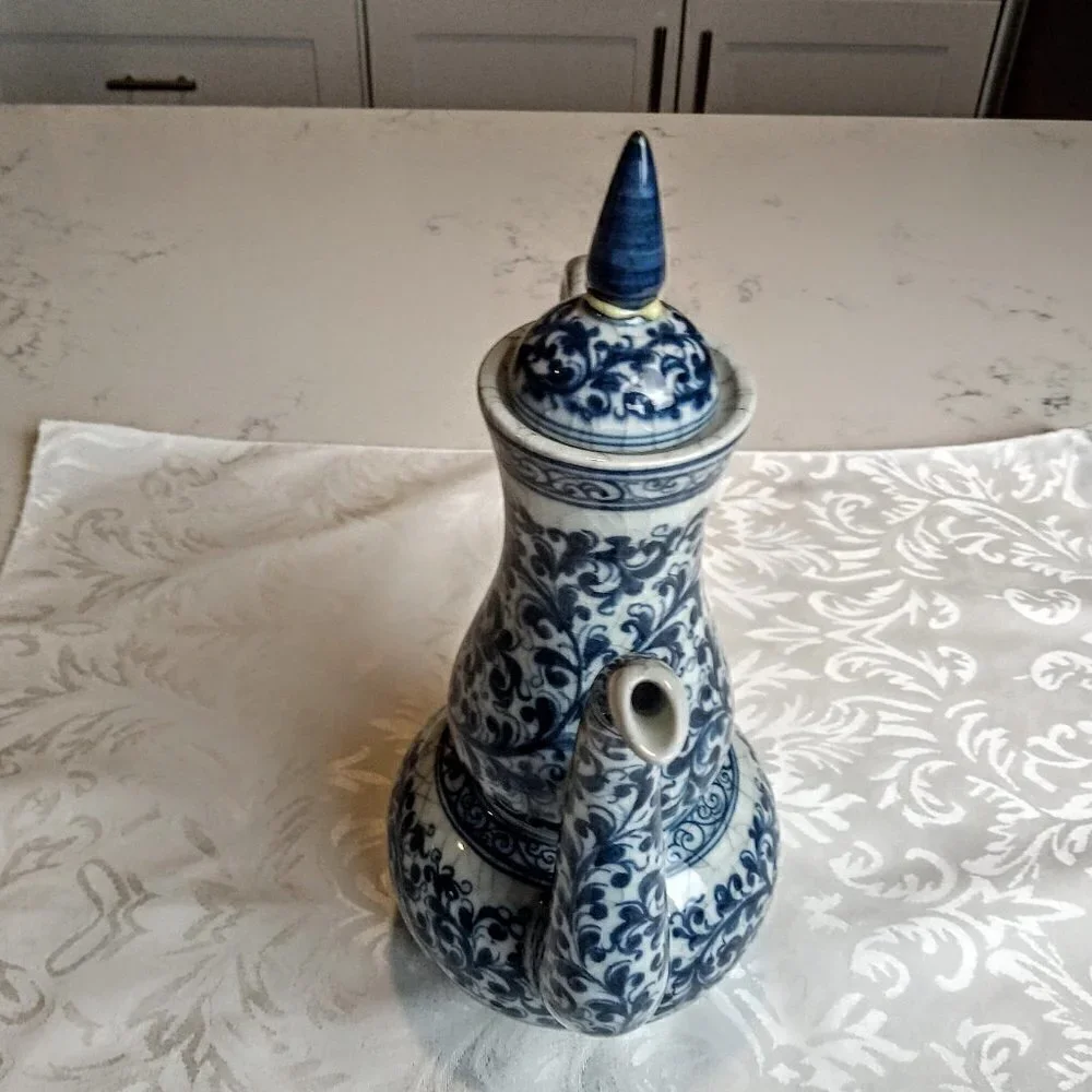 Thai Blue Grey Swirl Print Ewer Lidded Pitcher